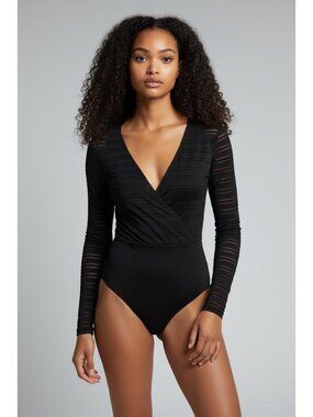 BARDOT From Aritzia Black Semi-Sheer Striped V-Neck Wrap Front Bodysuit Size 2